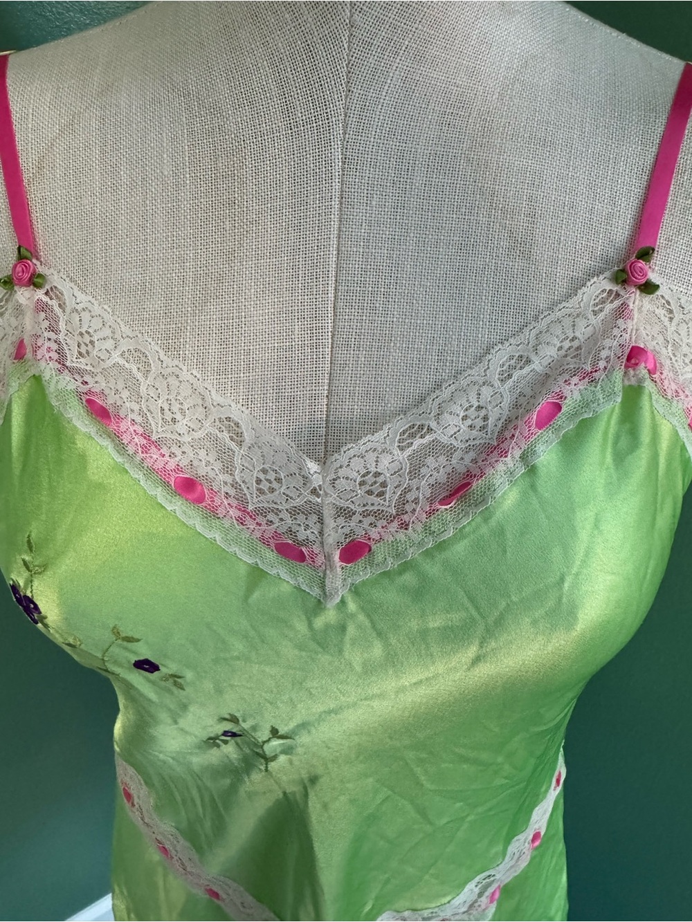 Betsey Johnson Silk-Feel Lime Green Lace Trim Slip Dress - Women's Intimates - Picture 4 of 11
